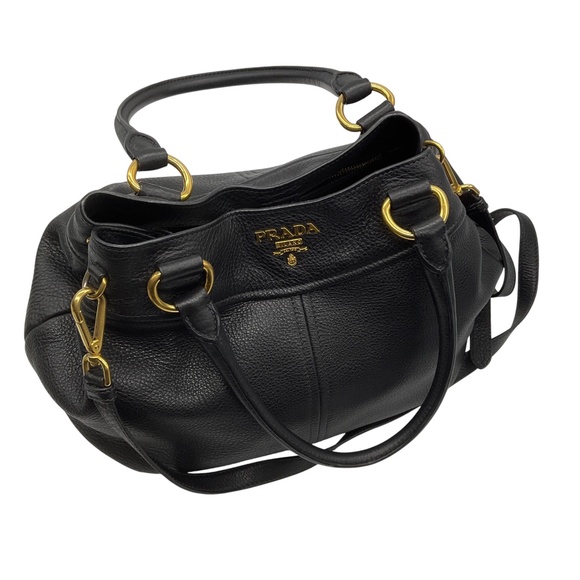 PRADA BLACK NERO / GOLD LOGO PLAQUE VITELLO DAINO HANDBAG - Picture 4 of 15